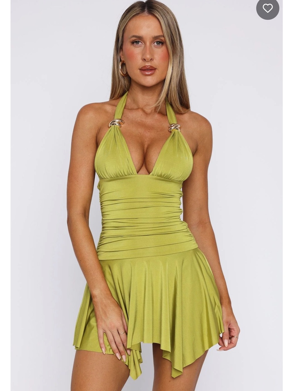 White Fox Boutique Lime Halter Draped Mini Dress with Gold Rings